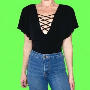 Bebe Black Ruffle Sexy Party Club Deep-V Thong Bodysuit